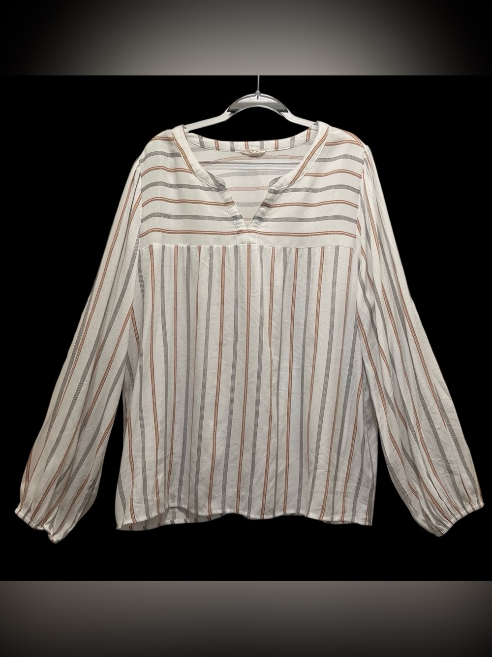 Boho Linen Look Split Neck Striped Sz XL
Peasant Blouse Coastal Balloon Sleeve